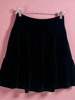 Classic Black 3 tiered Velvet Midi Skirt